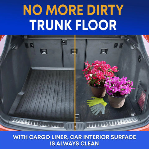 Porsche Macan Cargo Liner All Season Trunk Mat With Custom Fit for clean and protected SUV cargo area, shown with flowers and gloves.