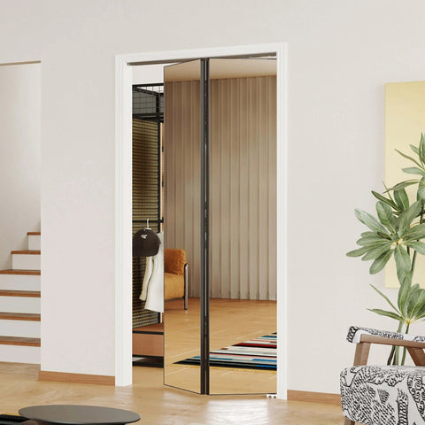 1 Lite Mirror Bifold Closet Doors With Sliding Hardware Kit Aluminum Alloy Folding Doors For Bedroom 36 Inch By 80 Inch Openings Full Length Mirror Space Saving Black Finish Sleek Modern Interior Door Solution installed in a room