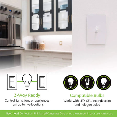 Z Wave Plus Dimmer Switch With QuickFit And SimpleWire installed in white kitchen, 3 Way Ready, Toggle Style Smart Home Dimmer, Model 46204