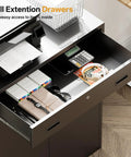 Heavy Duty 36 Inch Locking Metal Storage Cabinet With One Drawer And Adjustable Shelves For Home Garage Office School And Warehouse Durable Steel Scratch Resistant And Easy To Clean, open drawer with office items