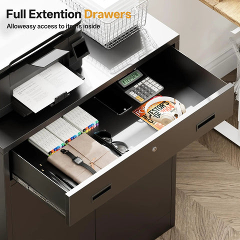 Heavy Duty 36 Inch Locking Metal Storage Cabinet With One Drawer And Adjustable Shelves For Home Garage Office School And Warehouse Durable Steel Scratch Resistant And Easy To Clean, open drawer with office items