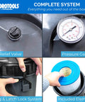 Close-up view of Sure Flo Above Ground Pool Cartridge Filter System With 50 Square Feet Filtration Energy Efficient 0.75 THP 3720 GPH 110 Volt Single Speed Pump For Pools Up To 15600 Gallons, featuring air relief valve, pressure gauge, ring latch lock, and filter element.