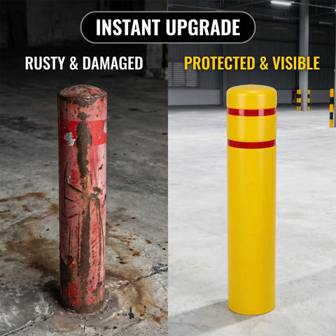 Rock Solid Heavy Duty Yellow Safety Bollard Post Protective Cover With Bright Red Reflective Strips Anti Collision Guard Sleeve For 4 Inch Metal Poles 46 Inch Tall Driveway Shield upgrade comparison