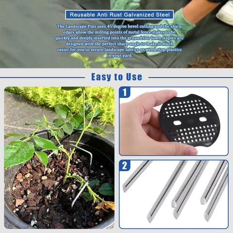 All In One Garden Stakes And Staples Kit with 100 pcs 6 inch U shaped landscape staples, 100 pcs fixing gaskets, 1 pcs pick hook
