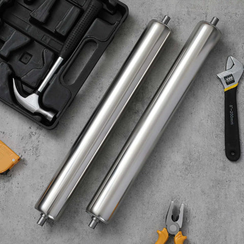 10 Pcs Galvanized Steel Conveyor Rollers Set, 16 Inch Length, 2 Inch Diameter shown with tools for DIY woodworking.