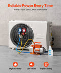 AC Vacuum Pump And Gauge Kit For Auto HVAC Repair 3.5 CFM One Quarter HP Single Stage Rotary Vane With Carry Bag Pro Grade Refrigerant Ready R134a R22 R410A R1234YF R32 Compatible, shown with gauges and pump