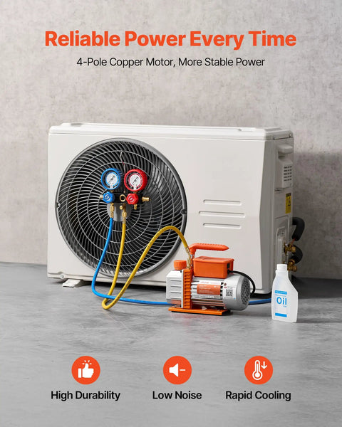 AC Vacuum Pump And Gauge Kit For Auto HVAC Repair 3.5 CFM One Quarter HP Single Stage Rotary Vane With Carry Bag Pro Grade Refrigerant Ready R134a R22 R410A R1234YF R32 Compatible, shown with gauges and pump