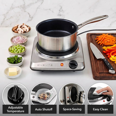 Electric Countertop Single Burner Cooktop 1000W with 7.25 inch cast iron plate and temperature control, with cooking ingredients