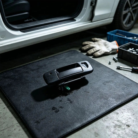 RDHFTNIHU Access Latch Component displayed on a work mat, featuring a black handle assembly for pickup tailgates.