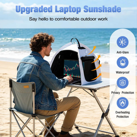 Man using outdoor laptop sun shade and privacy shield for working on the go, water resistant anti glare screen hood on beach.