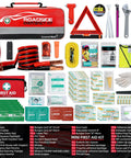 Front view of General Medi 127-piece roadside car emergency kit in red carrying case