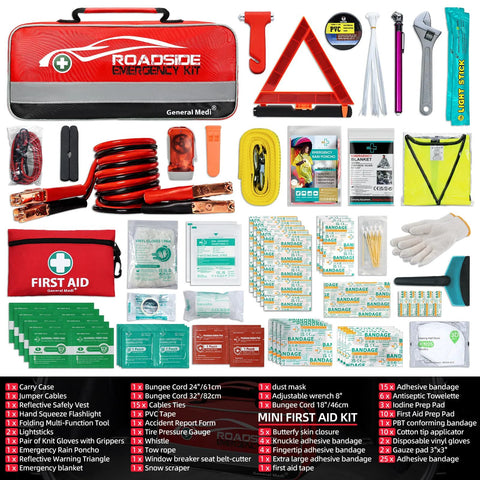 Front view of General Medi 127-piece roadside car emergency kit in red carrying case