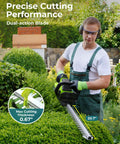 Person using Cordless 20 Inch Hedge Trimmer With Battery Pack, 3000 RPM Brushless Motor in garden with precise cutting, 20.7 inch blade.