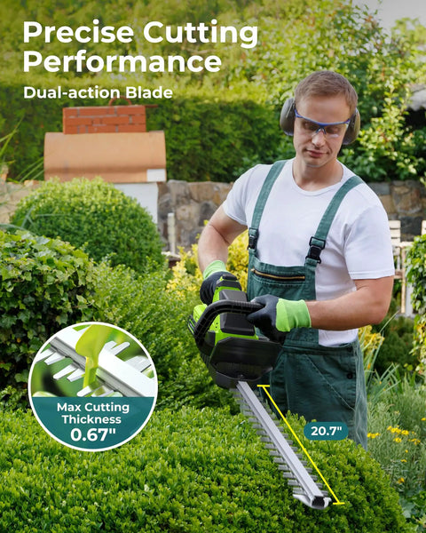 Person using Cordless 20 Inch Hedge Trimmer With Battery Pack, 3000 RPM Brushless Motor in garden with precise cutting, 20.7 inch blade.