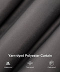 Close-up of yarn-dyed polyester curtain, waterproof, tear-proof, fade-proof features visible.