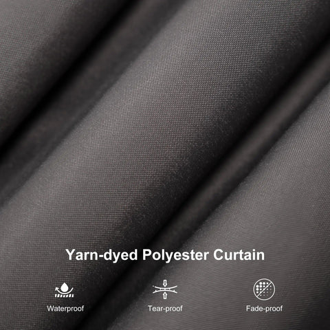 Close-up of yarn-dyed polyester curtain, waterproof, tear-proof, fade-proof features visible.