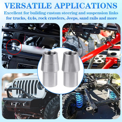 Three Quarters Inch 16 Thread Weld In Bung Tube Adapter Kit For Left Hand And Right Hand Heim Joint Universal Weld In Tubing Heavy Duty Fabrication Accessory For Off Road Truck And DIY Suspension Linkage, 1045 steel adapters shown on off-road suspension links