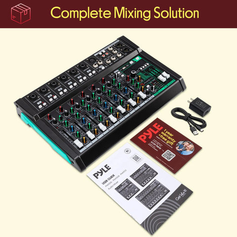 Ten Channel Studio DJ Mixer With Bluetooth And XLR Combo Mic Inputs USB MP3 Playback PC Recording DSP Effects LED Level Meters Smooth Dials And Faders For Live Shows Home Studio And Podcast Setups, angled view with manuals and cable