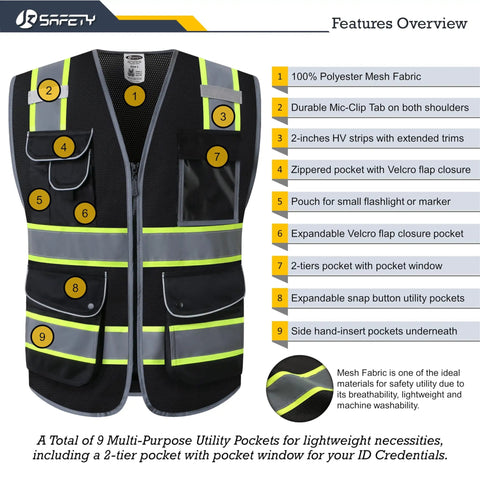 9 Pocket Hi Vis Safety Vest With Zip Front Mesh In Black Dual Tone Reflective Strips Lightweight Breathable ANSI ISEA Standard Machine Washable Comfortable Loose Fit Size Up If Needed, pocket details.