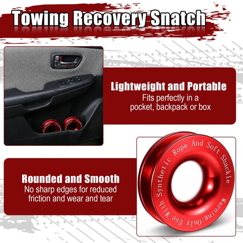 Two Pack Recovery Ring Snatch Block 66,000 Lbs Winch Pulley For Soft Shackle Synthetic Rope Heavy Duty Winch Accessory For ATV UTV SUV Truck Road Vehicle Red Multi Angle Traction Boost, red aluminum ring