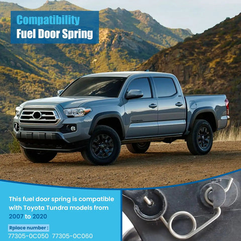 Premium Heavy Steel Fuel Door Spring For Toyota Tundra 2007 To 2020, shown installed with gas door and vehicle in background.