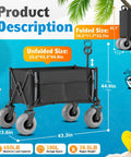 Foldable Femotic beach cart with 9-inch all terrain balloon wheels, 450lb capacity, 180L storage space, unfolded size shown.