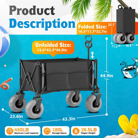 Kick Back At The Shoreline With This Premium Inflatable Rear Tire For Folding Beach Wagons  Folding beach cart shown with dimensions.