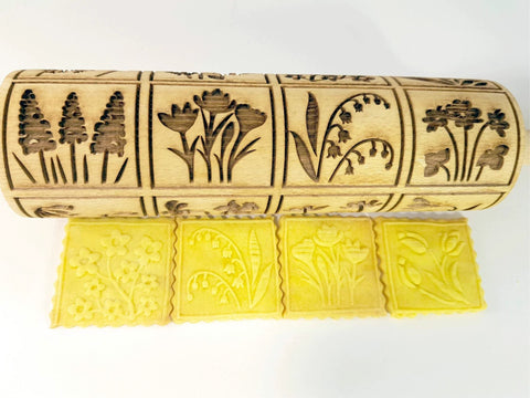 Spring Flowers Embossing Rolling Pin With 16 Floral Squares For Dough And Clay, Deep Pattern Beech Wood Roller for Baking Crafts