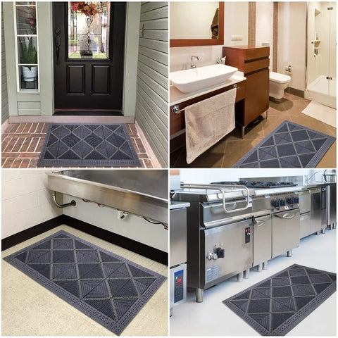 Heavy Duty Outdoor Rubber Doormat With Interlocking Tiles Waterproof And Easy Clean DIY Assembly 47 Inch By 29 Inch Entrance Mat shown in various settings