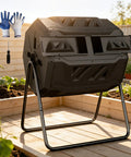 Large 43 Gallon Dual Chamber Compost Bin With Rotating Tumbler For Outdoor Use And Sliding Doors Heavy Duty Steel Frame BPA Free PP Construction Easy Kitchen Scraps Recycling For Backyard Gardens Bundle With Pearsons Gardening Gloves