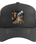 Urban Rugged Industrial Factory Gear Trucker Hat With Adjustable Mesh Back In Classic Black showcasing structured foam front.