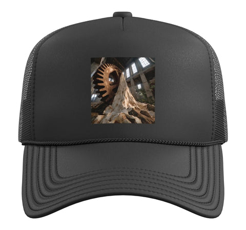 Urban Rugged Industrial Factory Gear Trucker Hat With Adjustable Mesh Back In Classic Black showcasing structured foam front.