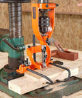 Heavy Duty Drill Press Mortising Attachment With Square Hole Chisel Set And Five Precision Bushings For Woodworkers, close-up view on wood.