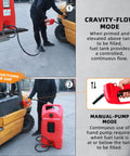 Person using 34 Gallon Fuel Caddy With Portable Design Manual Transfer Pump And 10 Ft Delivery Hose On Wheels Diesel And Gas Storage For ATVs Cars Lawn Mowers Boats Red