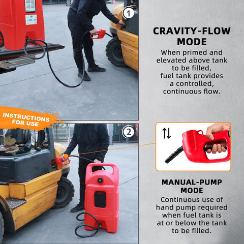Person using 34 Gallon Fuel Caddy With Portable Design Manual Transfer Pump And 10 Ft Delivery Hose On Wheels Diesel And Gas Storage For ATVs Cars Lawn Mowers Boats Red