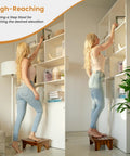Woman using 6.5 Inch Wooden Step Stool For Adults No Assembly Required Handy Boost To Reach High Shelves 500 Lbs Capacity One Step Stool