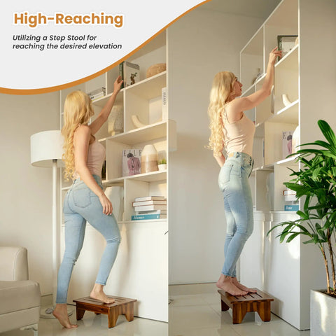 Woman using 6.5 Inch Wooden Step Stool For Adults No Assembly Required Handy Boost To Reach High Shelves 500 Lbs Capacity One Step Stool