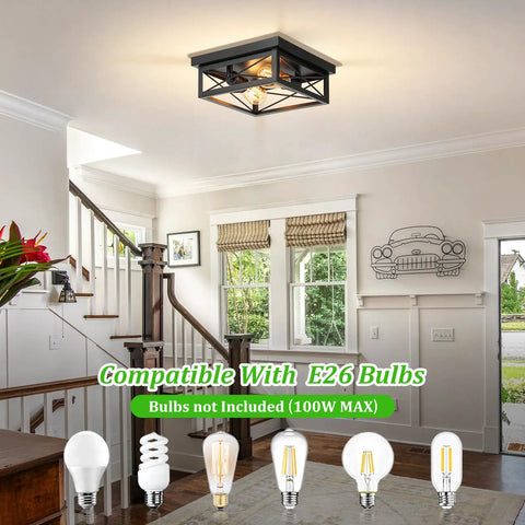 2 Light Industrial Square Flush Mount Ceiling Light Fixture For Kitchen And Hallway, Modern Black Farmhouse E26 in entryway