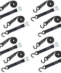 Cambuckle Tie Down Straps 1 Inch By 10 Feet Red 900 Pound Break Strength 8 Pack displayed with Metal Cambuckles and Soft PVC Coated S Hooks