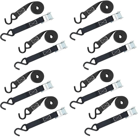 Cambuckle Tie Down Straps 1 Inch By 10 Feet Red 900 Pound Break Strength 8 Pack displayed with Metal Cambuckles and Soft PVC Coated S Hooks