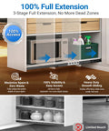 Illustration of Beefed-Up Heavy Duty Under-Stair Drawer Slides Full Extension Bottom Mount Rails with examples of storage use.