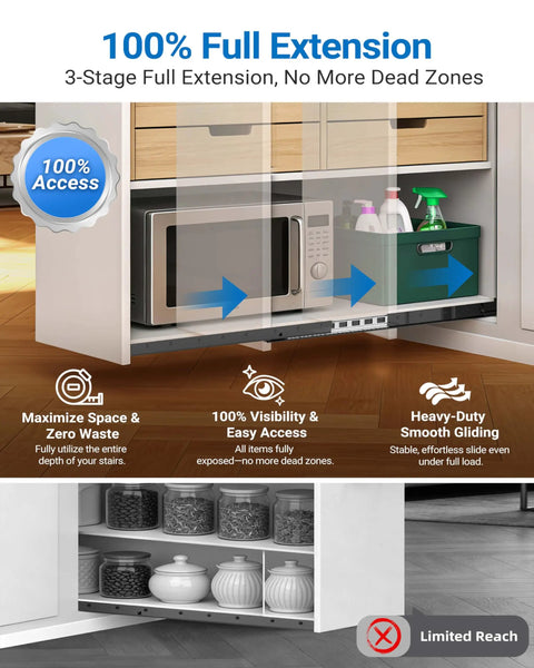 Illustration of Beefed-Up Heavy Duty Under-Stair Drawer Slides Full Extension Bottom Mount Rails with examples of storage use.