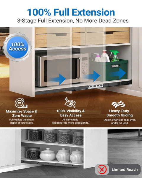 Heavy Duty Under Stair Drawer Slides Full Extension Bottom Mount Rails 16 Inch 24 Inch 32 Inch and 40 Inch 265 Pound Load Capacity Ball Bearing Slides for Under Stair Cabinets and Deep Storage Pair installed under cabinet with items visible