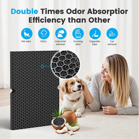 Replacement HEPA H 116130 Filter And Carbon Filter Combo Pack with pet and woman showing odor absorption efficiency chart
