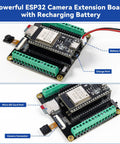 ESP32 Ultimate Starter Kit With Arduino Compatibility ESP32CAM RoHS Python C Scratch board with camera, battery ports highlighted.