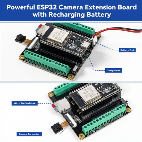 ESP32 Ultimate Starter Kit With Arduino Compatibility ESP32CAM RoHS Python C Scratch board with camera, battery ports highlighted.