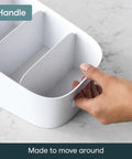 Smart 4 Tier Stairstep Packet Organizer With Divided Compartments For Kitchen Pantry And Counter showing handle for easy mobility.