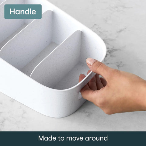 Smart 4 Tier Stairstep Packet Organizer With Divided Compartments For Kitchen Pantry And Counter showing handle for easy mobility.
