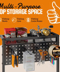 Vertical Fishing Rod Holder For Garage Pegboard And Mesh Basket Storage Rack Tackle Gear Organizer for up to 12 poles, shown with fishing gear.