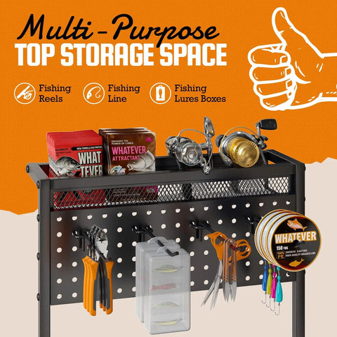 Vertical Fishing Rod Holder For Garage Pegboard And Mesh Basket Storage Rack Tackle Gear Organizer for up to 12 poles, shown with fishing gear.